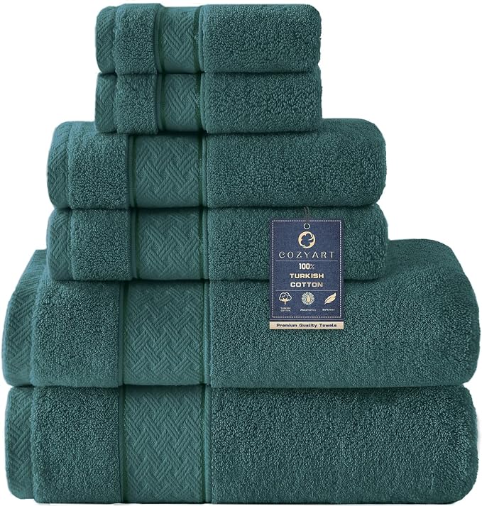 COZYART Teal Bath Towel Set 6 Piece, 100% Zero Twist Ring Spun Turkish Cotton 650GSM, Ultra Soft Absorbent Fast Dry Hotel Quality Bathroom Towels