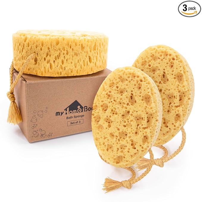 myHomeBody Bath Sponge, Foam Loofah, Body Scrubber for Bathing, Exfoliating Shower Pouf for Shower - Large Size, Lots of Lather, Oval, 3 Pack