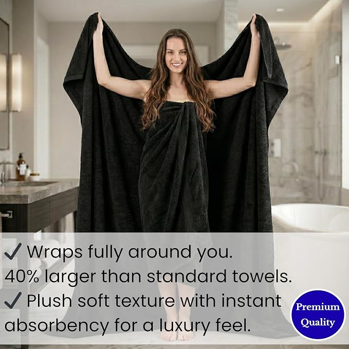 SALBAKOS Luxury 100% Turkish Cotton Bath Sheets 40x80 in Oversized Extra Large Bath Towels | Premium Hotel Quality Thick Soft Absorbent Turkish Towel for Spa Beach (Pack of 1, Black, Jumbo Bath Sheet)
