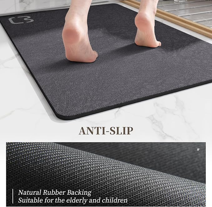 RUERYA Diatomaceous Earth Bath Mat 17" x 59" Extra Long Bathroom Mat Large Fast Dry Super Absorbent Non-Slip Rubber Backed Shower Mat Bath Rugs Mats for Bathroom Floor, Tub, Shower, Sink, Dark Grey