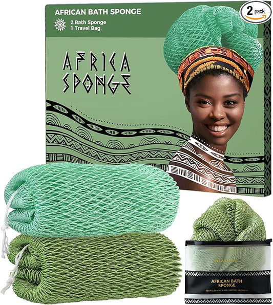 African Net Sponge Authentic -2 Pieces Exfoliating Scrubber for All Skin Types - Bath Washcloth Back Scrub for Shower - Body Exfoliator Sponge for Face & Body Care (Olive Green & Seawave)
