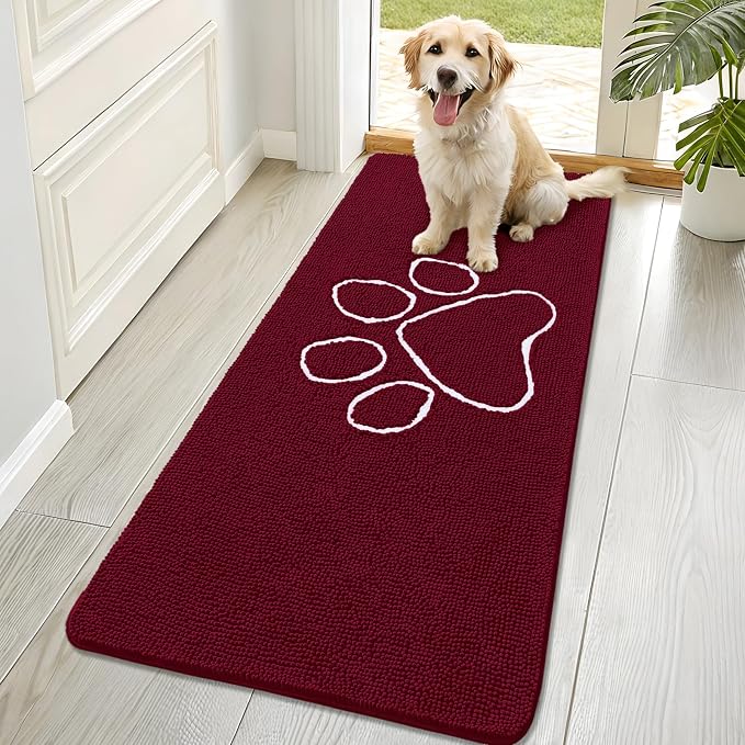 OLANLY Dog Door Mat for Muddy Paws 70x32, Paw Print Design, Absorbs Moisture and Dirt, Absorbent Non-Slip Washable Doormat, Quick Dry Chenille Mud Mat for Dogs, Entry Indoor Entryway Carpet, Burgundy
