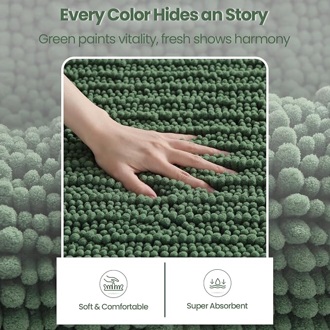 DEXI Bathroom Rugs 43x24, Super Soft Thick Chenille Absorbent Bath Mat, Non Slip Machine Washable Fluffy Shag Bathmat for Tub, Shower Floor, Green