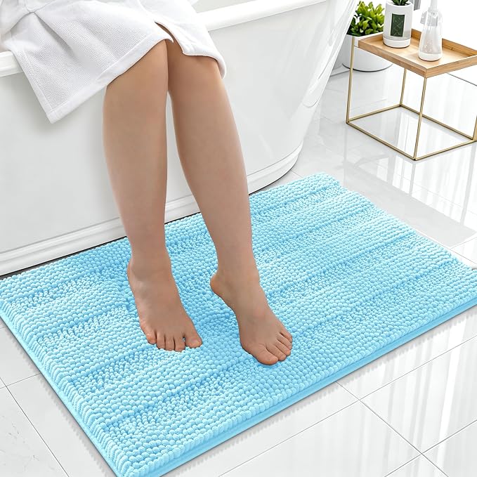 Smiry Thick Chenille Bathroom Rugs 36x24, Extra Soft Absorbent Striped Bath Mat, Machine Washable, Rubber Backing, Bath Rugs for Bathroom, Tub & Shower, Home Decor Accessories, Sky Blue