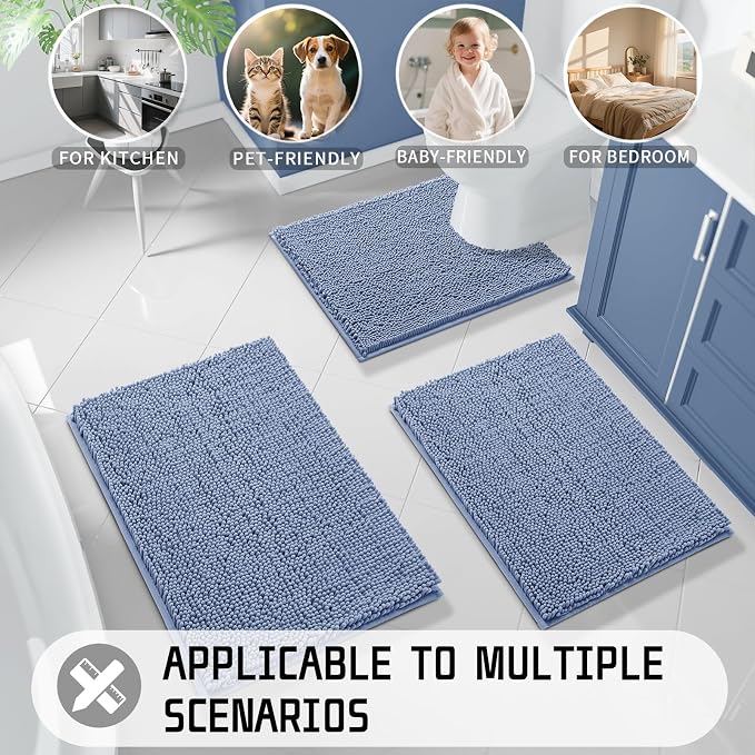 Yimobra Long Bathroom Rugs 44"x24", Extra Soft Non Slip Bath Mat for Tub, Super Absorbent Quick Dry Shaggy Rug Floor Carpet, Machine Washable,Denim Blue