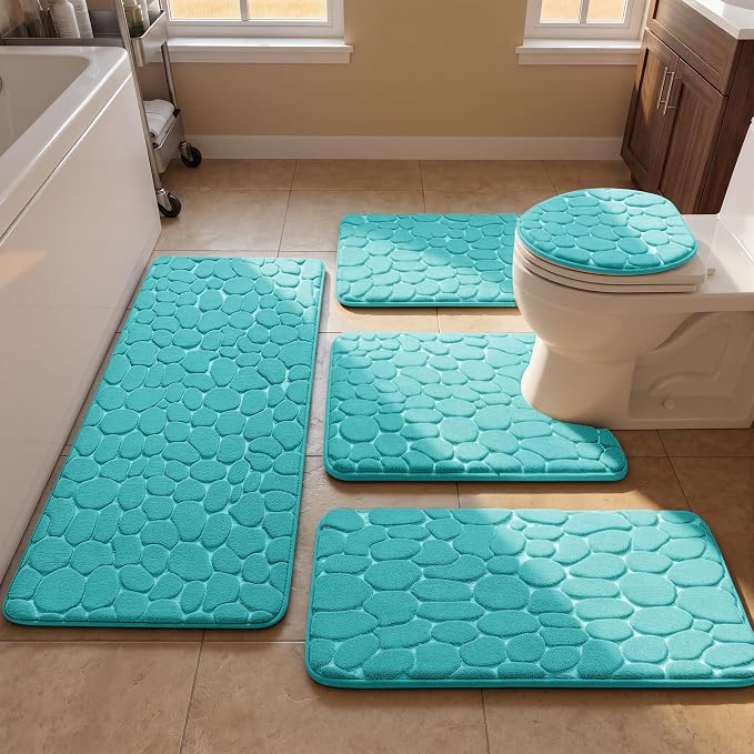 YIHOUSE Bathroom Rugs Mat Set, Memory Foam Bath Mat 5 Piece Teal | Non Slip, Water Absorbent, Washable, Bath Mat For Bathroom, Sink and Toilet