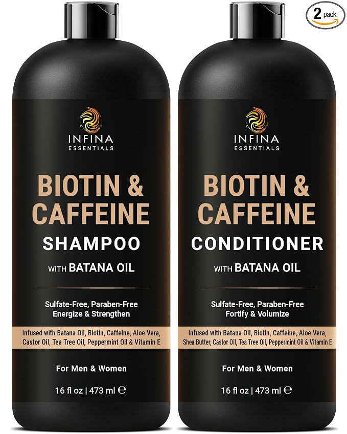 INFINA ESSENTIALS Caffeine Biotin Shampoo and Conditioner Set | Hair Thickening & Strengthening | 16 fl oz Each | with Batana Oil & Castor Oil | For Thinning Hair Care | Men & Women
