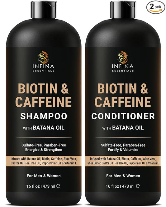 INFINA ESSENTIALS Caffeine Biotin Shampoo and Conditioner Set | Hair Thickening & Strengthening | 16 fl oz Each | with Batana Oil & Castor Oil | For Thinning Hair Care | Men & Women
