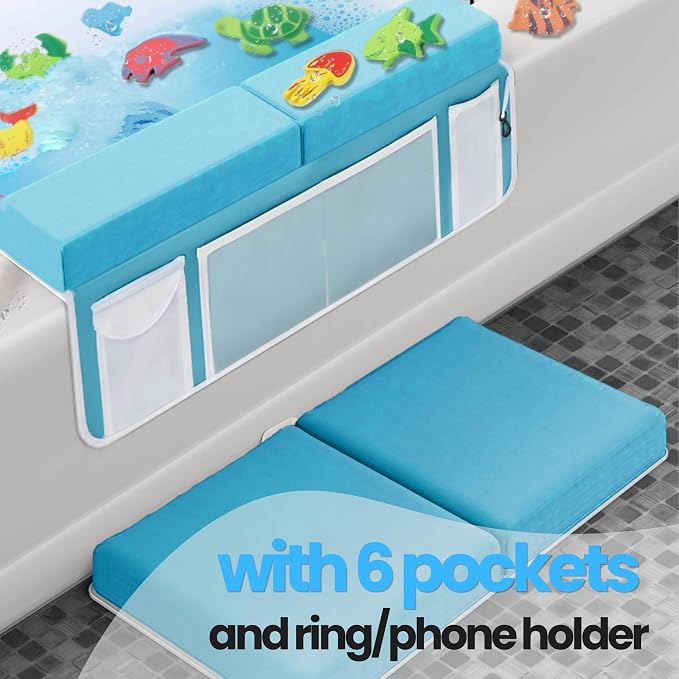 Supa Ant Bath Kneeler –8 Suction Cups & 1.5" Padding.Certified Non Toxic Bath Kneeling Pad for Bath Tub & 5 Bath Organizer. Fast Dry Baby Bath Kneeler and Elbow Rest Pad Set Blue