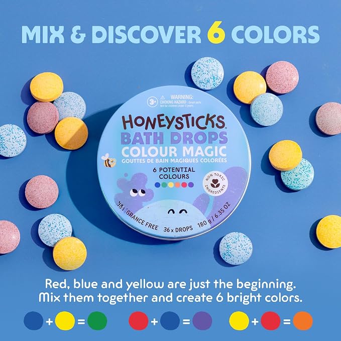 Honeysticks Bath Color Tablets for Kids - Non Toxic Bathtub Drops Made with Natural Ingredients and Food Grade Colors - Fragrance Free - Fizzy, Brightly Colored Bathtime Fun, Great Gift - 36 Drops