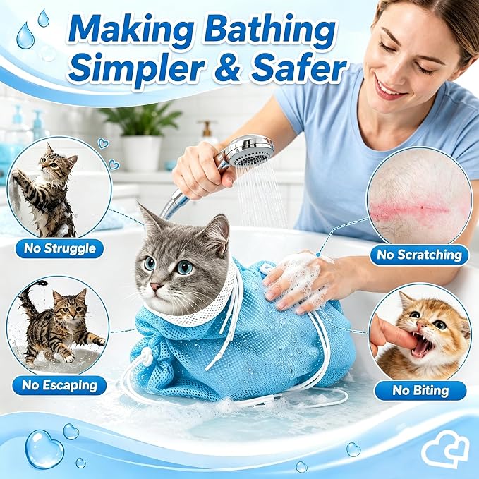 Cat Bathing Bag, Catcan Breathable Cats Grooming Bag, Anti Scratch Adjustable Cat Shower Washing Bags with Mesh for Nail Trimming (White- Blue)