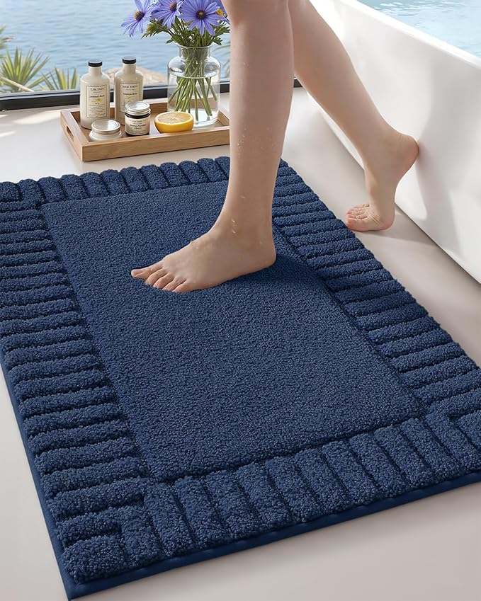 Color&Geometry Standard Sized Bath Rugs Non Slip Washable, 20"x31.5" Absorbent Navy Blue Bathroom Rugs, Soft Bath Mats for Bathroom Floor, Shower, Bathtub, Laundry