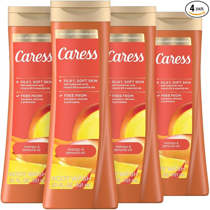 Caress Mango & Almond Oil Body Wash, 20 fl oz, 4 Pack | Hyaluronic Acid & Vitamin B3, Moisturized, Silky Soft Skin, Long-Lasting Tropical Fragrance
