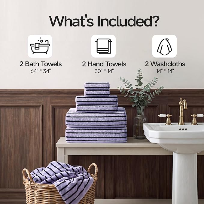 ecolook Striped Microfiber Bathroom Towel Set, Lightweight-Purple | Highly Absorbent 6-Piece Microfiber Towel Set, 2 Bath Towels, 2 Hand Towels, and 2 Washcloths for Everyday Use