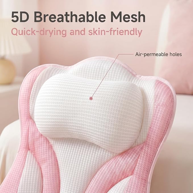 Upgraded Bath Pillows,Bathtub Pillows for Head and Neck Support,Bath Pillows for Tub with Soft 5D Breathable Mesh Fabric Nonslip Suction Cups,Relaxing Bath Accessories Spa Gifts .(Pink White)