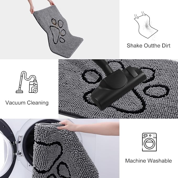 Smiry Dog Door Mat for Muddy Paws, Absorbent Dirt Trapper Non Slip Quick Dry Washable Chenille Mat for Mud Dogs, Entry Rug for Indoor and Outdoor (59x24 Inches, Dark Grey and Black)