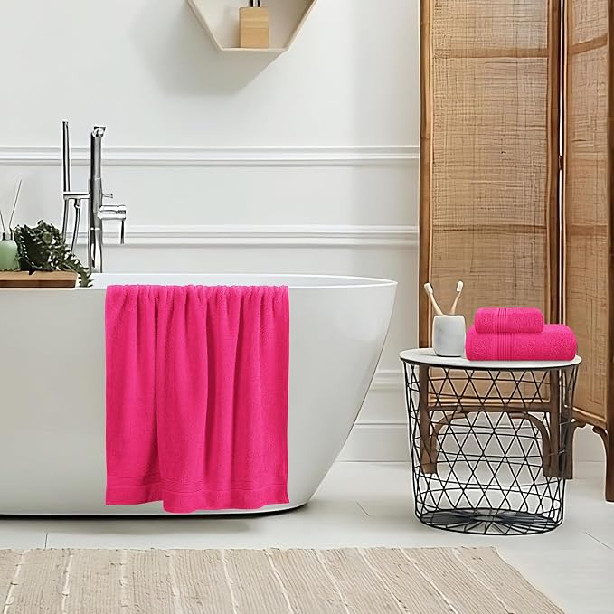 Belizzi Home Ultra Soft 3 Pack Cotton Towel Set, Contains a Bath Towel 28x55 inch, a Hand Towel 16x24 inch & a Wash Coth 12x12 inch, Ideal Everyday use, Compact & Lightweight - Hot Pink