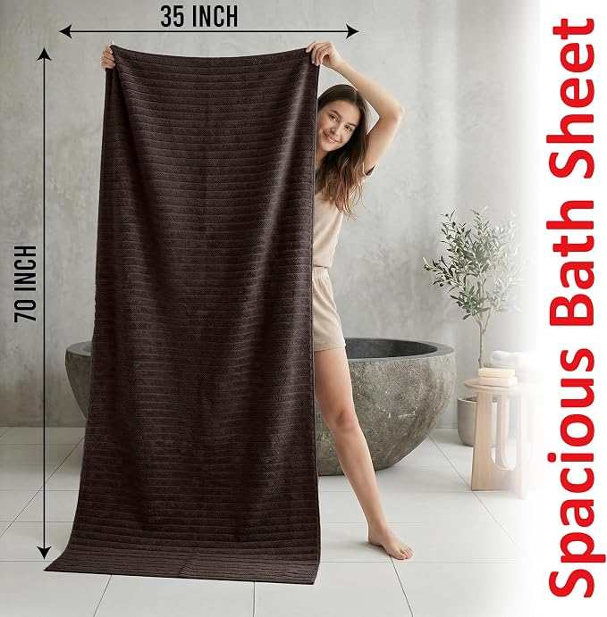 RIVERSIDE Pack of 2 Extra Large Bath Sheet Towels, 35 x 70 Inches, 600 GSM, Ribbed Stripe, 100% Cotton - Super Soft, Highly Absorbent & Quick Dry for Bathroom, Spa & Hotel, Brown