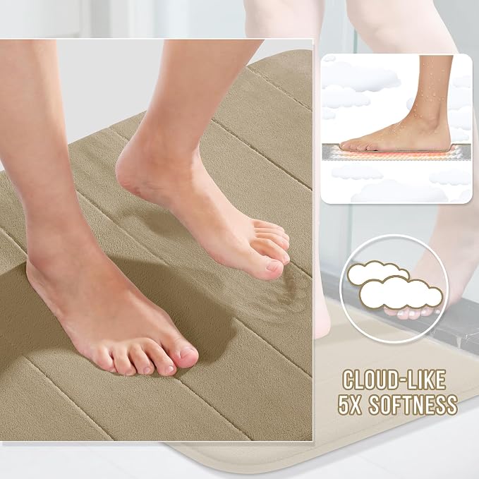 Yimobra Memory Foam Bath Mat Set 2 Piece - Super Soft Absorbent Quick Dry Bathroom Toilet Rugs, Machine Washable Non Slip Floor Carpet for Tub Shower & Single Sink (31.5x20 & 24x20, Pale Khaki)