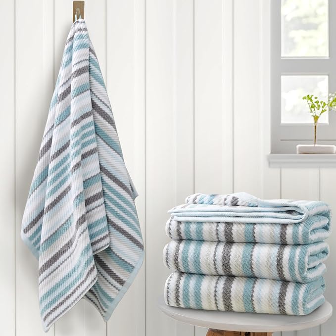 VOOVA & MOVAS Bathroom & Guest Room Aqua Striped Bath Towels (Set of 4, 28"x52") - 100% Cotton Lightweight Super Soft Highly Absorbent Quick Dry Shower Towels with Hanging Loop | Gray & Aqua Striped
