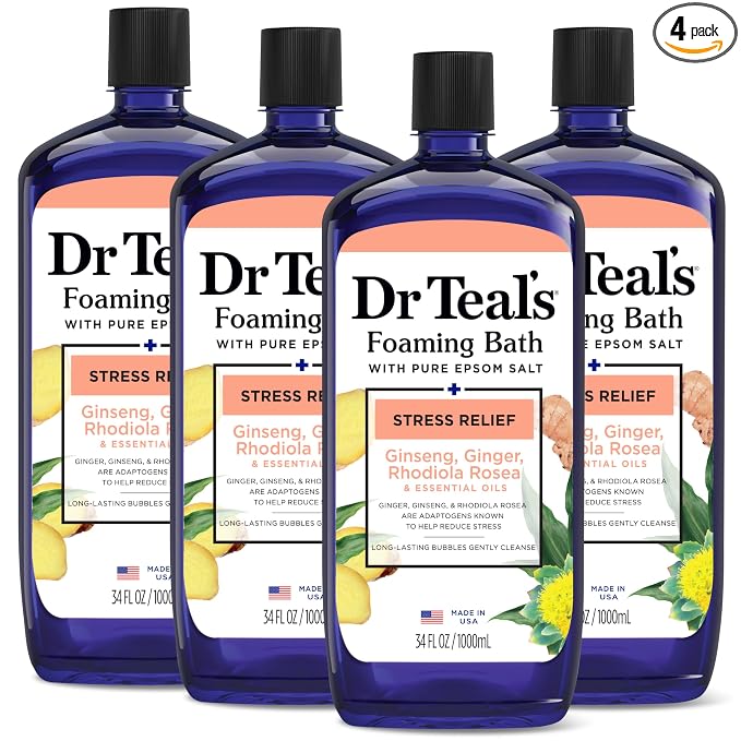 Dr Teal's Foaming Bath with Pure Epsom Salt, Stress Relief with Ginseng & Ginger, 34 fl oz (Pack of 4)