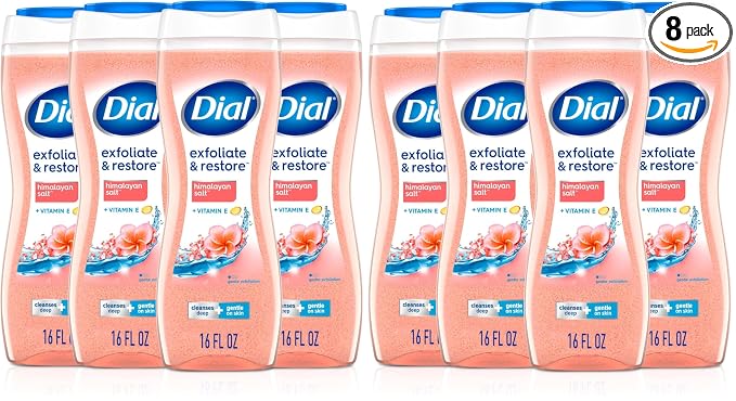 Dial Body Wash, Exfoliate & Restore Himalayan Salt, 16 Fl Oz, Hydraclean Complex & Vitamin E, Gentle, Leaves Skin Feeling Nourished, Dermatologist-Tested, No Parabens & Sulfates,(Pack of 8)