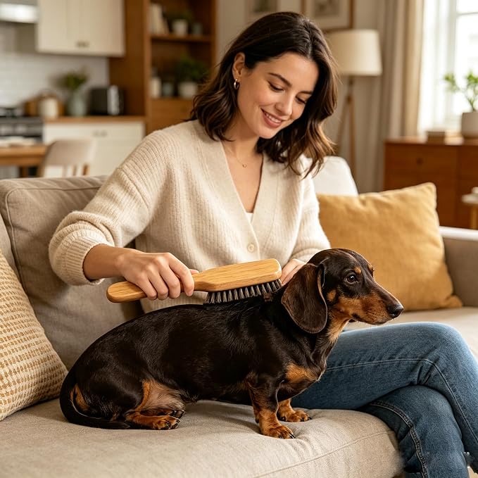 Boar Bristle Dog Brush for Short Haired Dogs, Natural Wooden Grooming Tool, Reduce Shedding, Detangle & Massage Sensitive Skin, Grooming to Calm Dogs & Build Pet Owner Bonding (Peach wood)