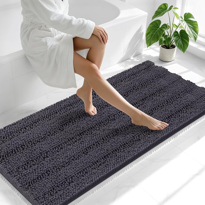 Smiry Thick Chenille Bathroom Runner Rugs 59x24, Absorbent Striped Bath Mat, Machine Washable, Rubber Backing, Extra Long Bath Rugs for Tub & Shower, Modern Home Decor Accessories, Dark Grey