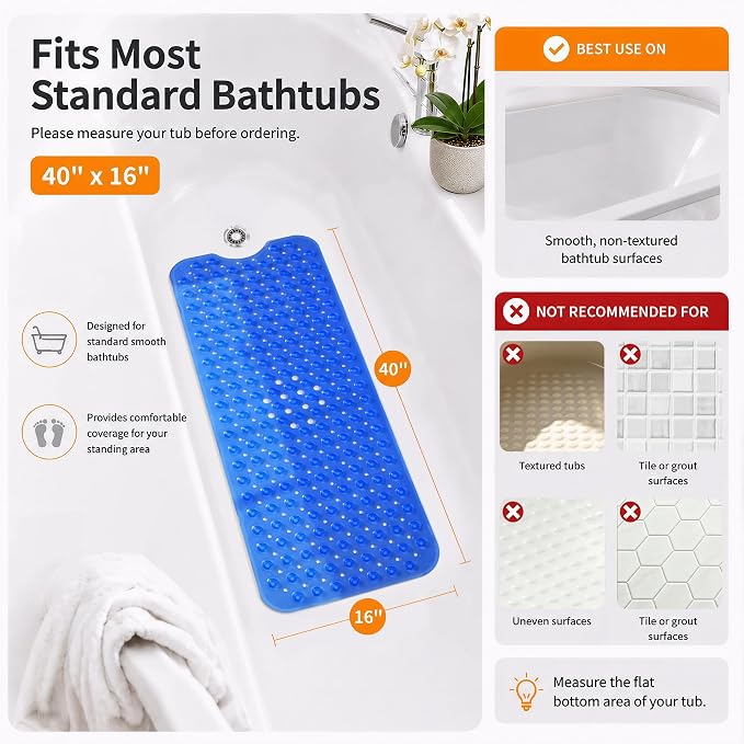Yimobra Non Slip Bathtub Mat 40 x 16 Inch, Extra Long Shower Mat with Drain Holes, Machine Washable Baby Bath Mats, Strong Suction Cups for Bathroom Floor, Clear Navy Blue
