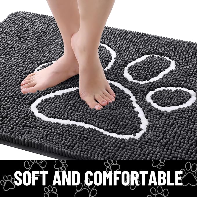 Smiry Dog Door Mat for Muddy Paws, Absorbent Dirt Trapper Non Slip Quick Dry Washable Chenille Mat for Mud Dogs, Entry Rug for Indoor and Outdoor (34x21 Inches, Dark Grey and White)