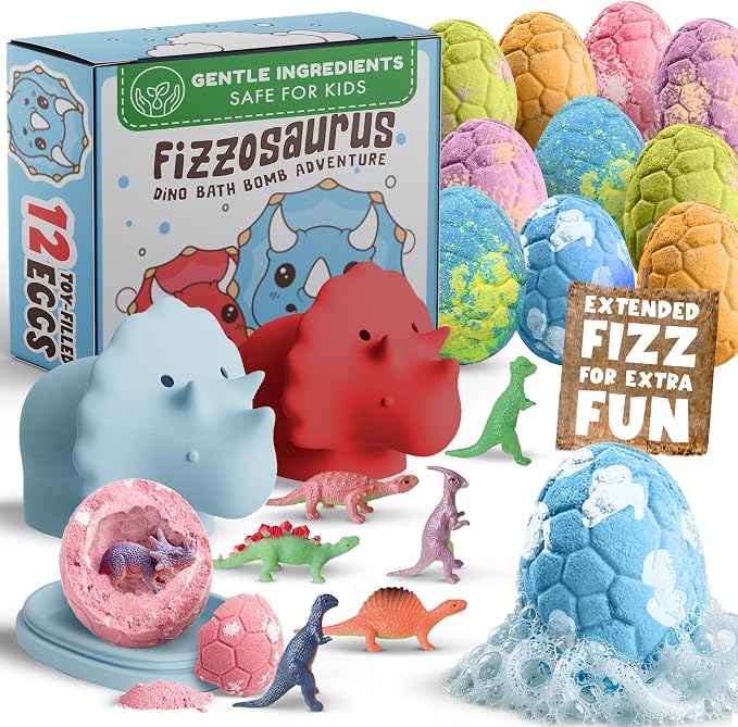 Bath Bombs for Kids with Surprise Toys Inside -12 Pack Dinosaur Bath Bombs Gift Set, Dino Egg Bubble Bath Fizzies, Dinosaur Toys for Kids 3 4 5 6 7 8 9 Years, Easter Basket Stuffers Birthday Gifts