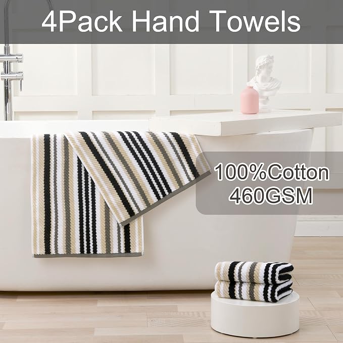VOOVA & MOVAS Black & Gray Striped 100% Cotton Hand Towels (Set of 4, 16x27 Inches) - Quick Dry Highly Absorbent Soft Lightweight Luxury Towels for Bathroom, Shower, Guest Room Set