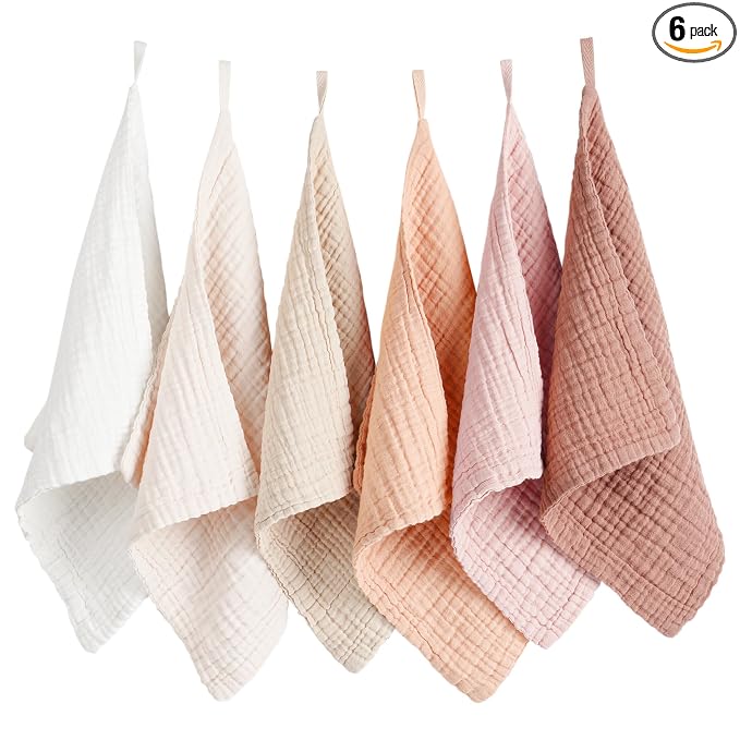 Konssy 6 Pack Baby Muslin Washcloths for Unisex 100% Cotton Wash Cloth Set for Baby Face Body Comfy and Soft for Newborn Infants Kids Girls and Boys