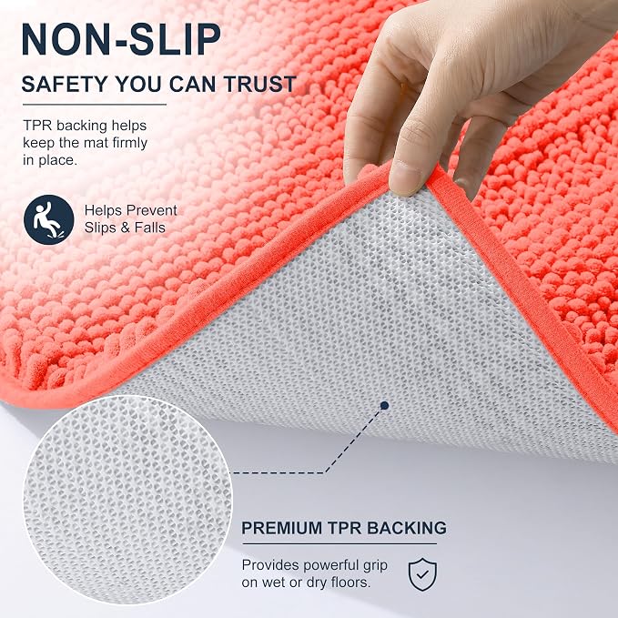 Smiry Thick Chenille Bathroom Runner Rugs 70x24, Absorbent Striped Bath Mat, Machine Washable, Rubber Backing, Extra Long Bath Rugs for Tub & Shower, Modern Home Decor Accessories, Coral
