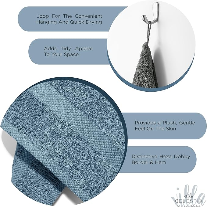 Cotton Washcloths Set of 12, 12x12 Inch, 100% Ring-Spun Combed Cotton, Soft Absorbent Quick-Dry Wash Cloths for Face and Body, Oeko-TEX Certified, Hotel & Spa Quality, Blue