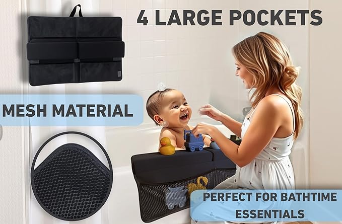 NEW Luxury Bath Kneeling Pad and Elbow Rest Set - THICK SOFT Bath Kneeler Pad and Bath Toys Organizer with Pockets - Supports Knees and Elbows - Bath Kneeling Pad for Baby Bathtime - Dark Grey