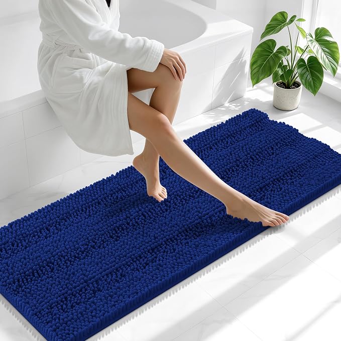 Smiry Thick Chenille Bathroom Runner Rugs 59x20, Absorbent Striped Bath Mat, Machine Washable, Rubber Backing, Extra Long Bath Rugs for Tub & Shower, Modern Home Decor Accessories, Navy