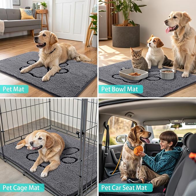 Smiry Dog Door Mat for Muddy Paws, Absorbent Dirt Trapper Non Slip Quick Dry Washable Chenille Mat for Mud Dogs, Entry Rug for Indoor and Outdoor (59x24 Inches, Dark Grey and Black)