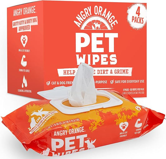 Angry Orange Unscented Pet Wipes - Hypoallergenic & Fragrance-Free With Aloe & Chamomile - Thick Grooming Wipes for Paws, Fur, Butt - Safe for Dogs & Cats - 320 Count - Value 4 Pack