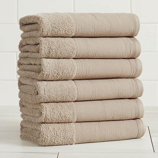 Great Bay Home Light Grey Bath Towel Set - Ultra-Soft 100% Cotton, Linen Like Border Design - 6 Hand Towels (28" x 16") - Absorbent, Quick-Dry, Lightweight Bathroom Towels