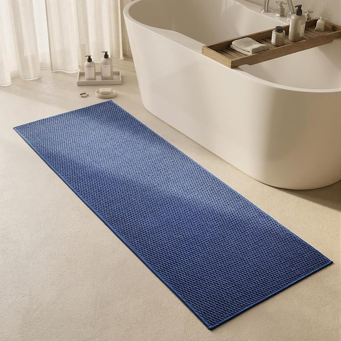 Triohero Bathroom Runner Rugs, Long Bath Mat Runner Washable Thin Quick Dry Low Pile Bathroom Runner Rugs Non Slip, Navy Blue 24"x70"