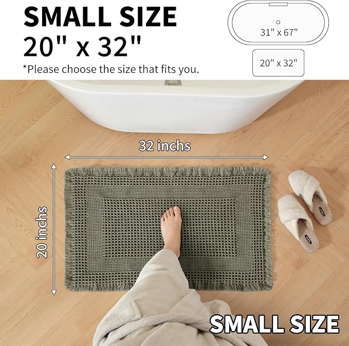 Waffle Bath Mat - Super Water Absorbing Bath Mat Quick Dry, Bathroom Rugs Non Slip Washable with Tassels, Rubber Backed Bathroom Mat for Bathroom Floor, Tub and Shower, 20" x 32", Olive Green