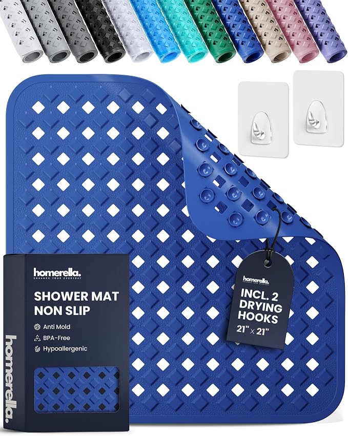 homerella® Shower Mat Non Slip Anti Mold, Non Slip Shower Mats for Inside Shower Stall Anti Slip Mat, Square Shower Floor Mat 21 x 21 in with Suction Cups & Hooks for Quick Drying, Machine Washable