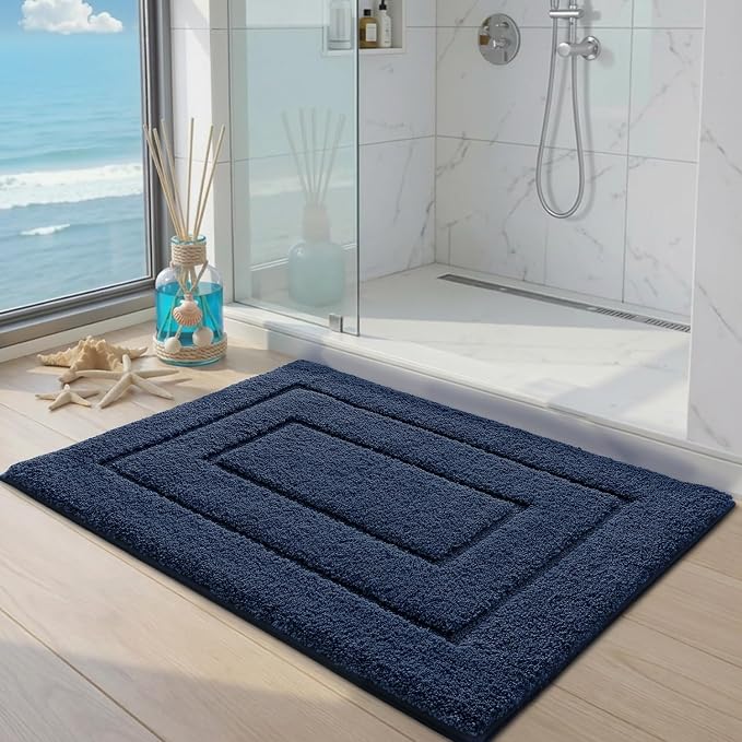 DEXI Small Bathroom Rug 24x16, Non Slip Washable Bath Mat for Shower Floor, Absorbent Soft Bathmat with Rubber Backing, Quick Dry Microfiber Carpet, Navy