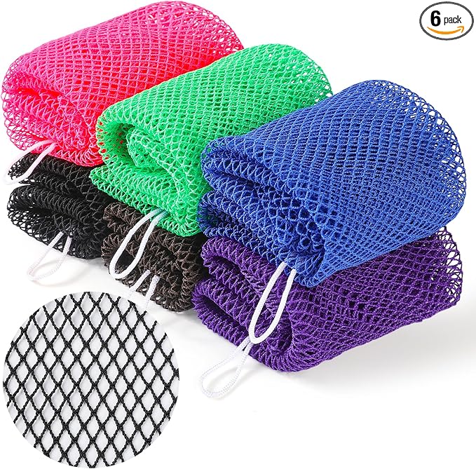 African Net Sponge 6Pk Long Multi Color Exfoliating Body Scrub | Quick Dry, Mildew Resistant Exfoliating African Bath Net for Back & Full Body Shower Cleansing