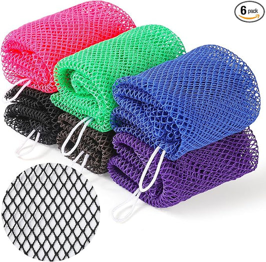 African Net Sponge 6Pk Long Multi Color Exfoliating Body Scrub | Quick Dry, Mildew Resistant Exfoliating African Bath Net for Back & Full Body Shower Cleansing