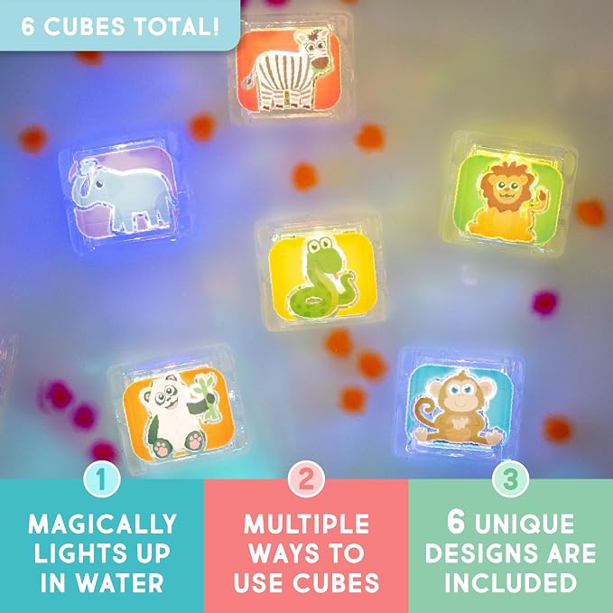 Glo Pals Water-Activated Light-Up Sensory Bath Toy Cubes for Bathtime and Sensory Play, Zoo, Vibrant Light-Up Colored Cubes for Kids and Toddlers, Pack of 6