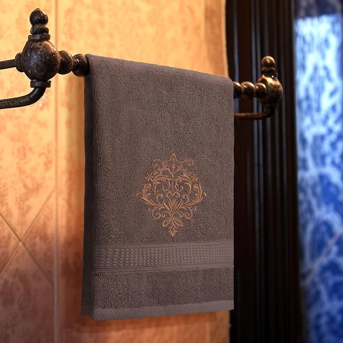 FuWeave 3 Pcs Vintage Brown Hand Towels Fancy Decorative Bathroom Towels 13.3 x 29.5'' Luxury Damascus Embroidered 100% Cotton Soft Absorbent for Bathroom Kitchen Boho Decor