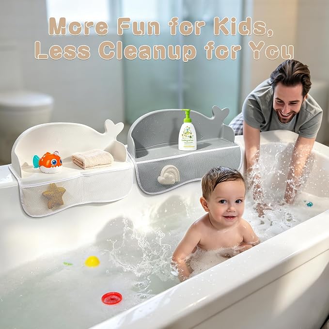 MCGMITT Bathtub Splash Guard, 2PCS Silicone Bath Shelf for Kid, Bath Toys Storage with 130 Suction Cups & Storage Mesh Pockets, Whale Foldable Toddler Bath Tray Tub Water Blocker, Prevent Water Spills