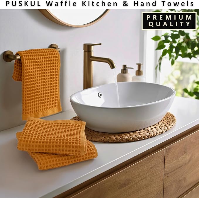 PÜSKÜL Natural 100% Turkish Cotton Waffle Kitchen Towels Set of 3 | Oeko-Tex, Premium Waffle Hand Towels for Bathroom | Soft Absorbent Quick-Dry Lint-Free Dish Towel Large 32x16 in (3, Mustrad Yellow)